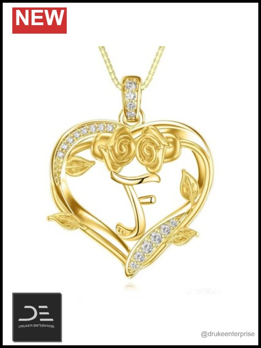 Rose Heart Initial F Necklace Yellow Gold Plated Adjustable Pendant